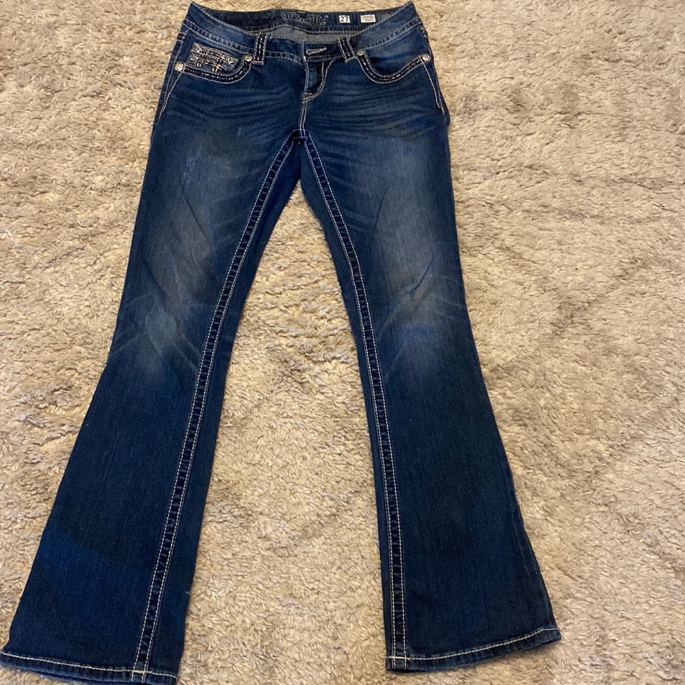 Miss Me 27 Gold Embossed Bootleg Blue Jeans